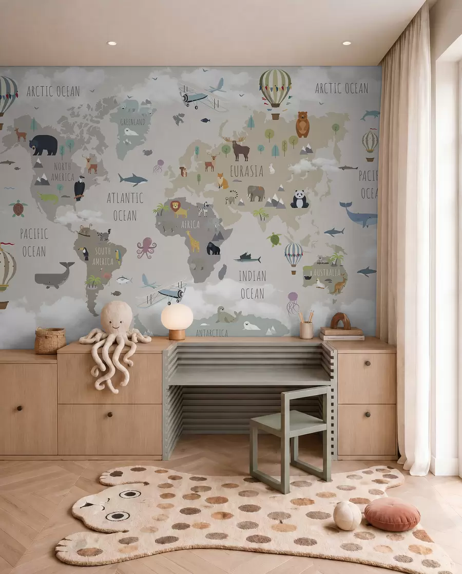 Fotobehang Wereldkaart met dieren en ballonnen u96461