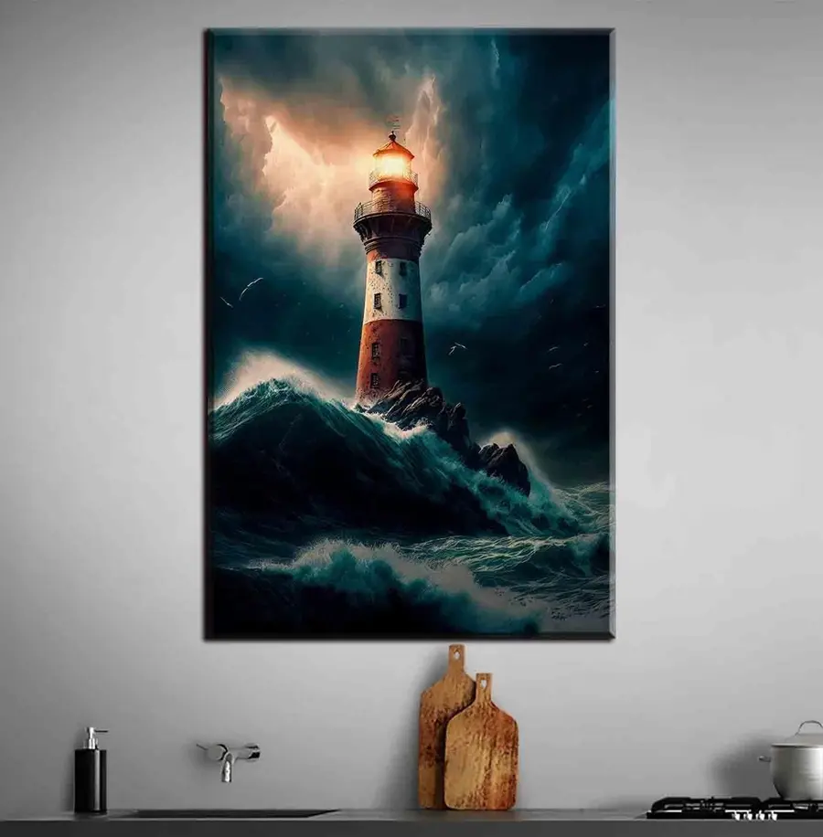  Peintures Phare pittoresque sur une île isolée pendant une tempête s35349