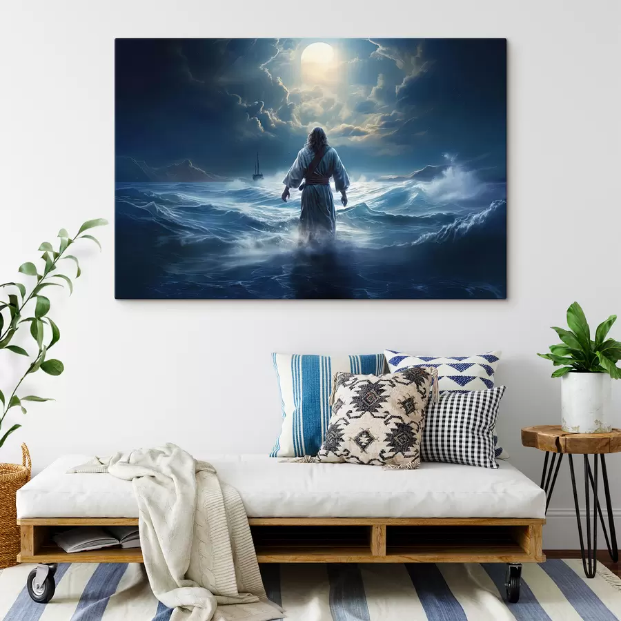  Schilderijen Jezus Christus loopt over het water van een stormachtige zee naar de boot s35357