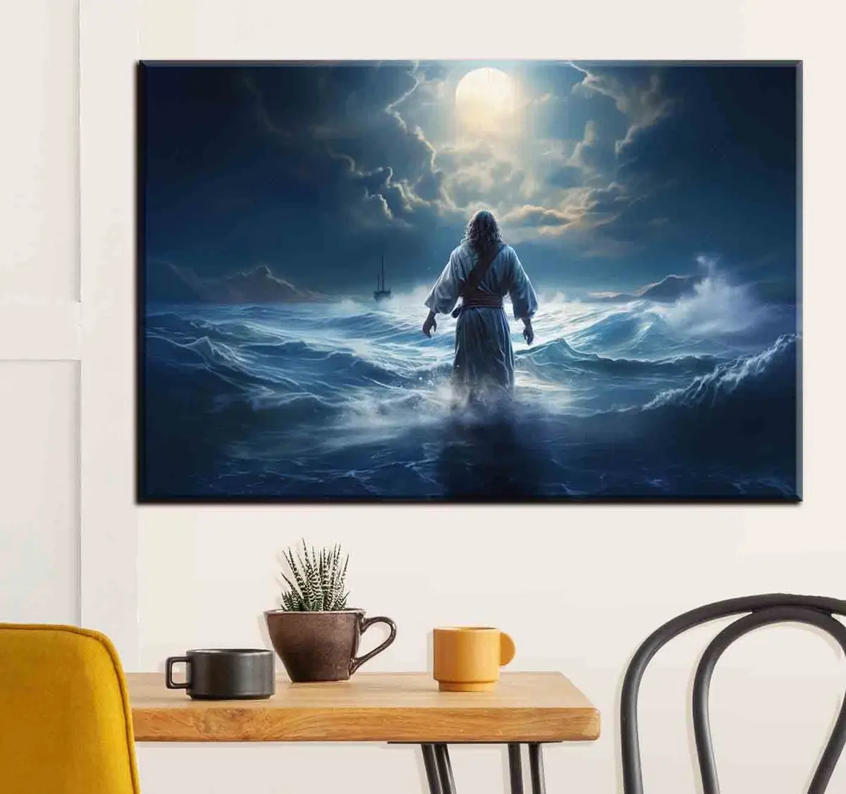  Schilderijen Jezus Christus loopt over het water van een stormachtige zee naar de boot s35357