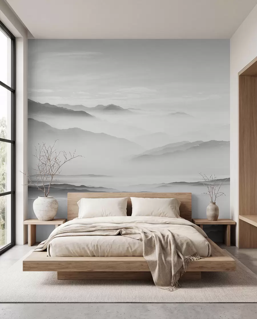 Papier peint photo Vues des montagnes grises dans la brume-minimalisme noir et blanc u96922