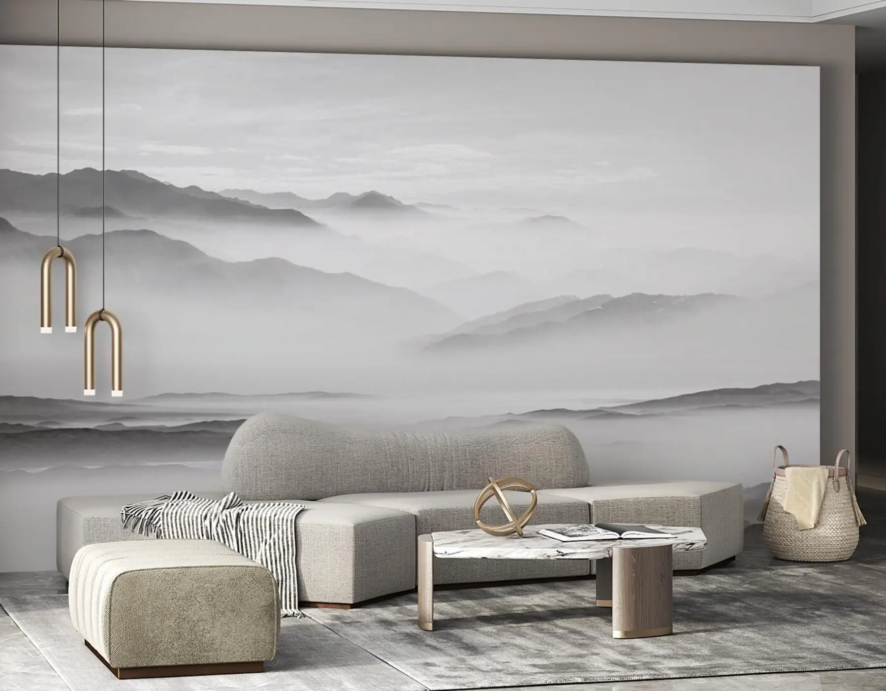 Fotobehang Uitzicht op de grijze bergen in het mist-minimalisme zwart-wit u96922