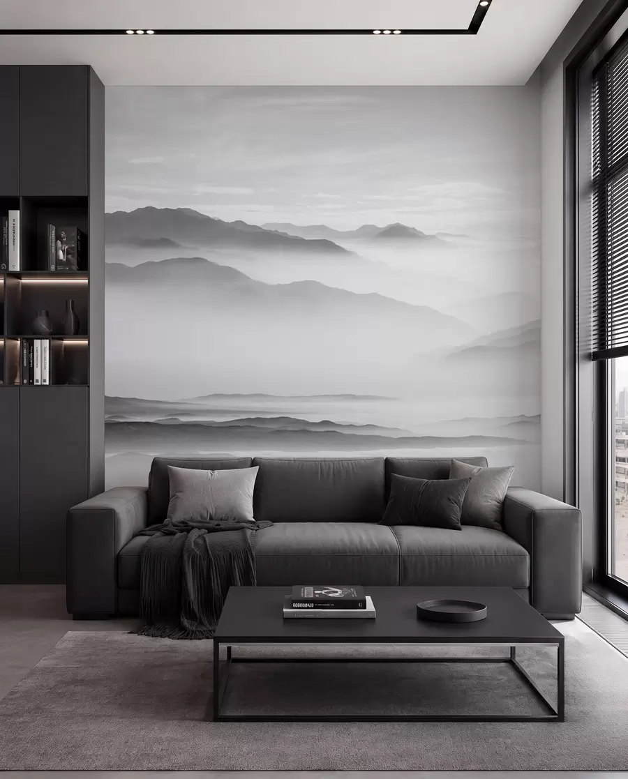 Fotobehang Uitzicht op de grijze bergen in het mist-minimalisme zwart-wit u96922
