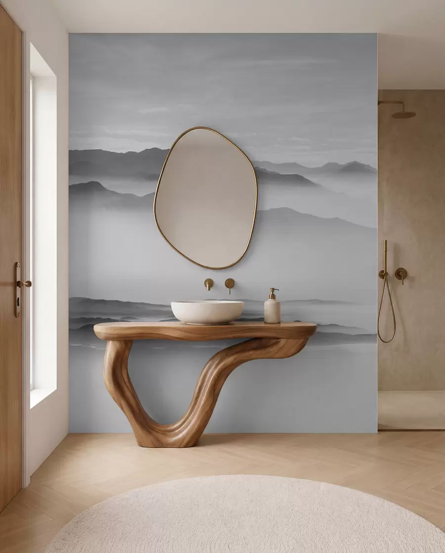 Fotobehang Uitzicht op de grijze bergen in het mist-minimalisme zwart-wit u96922