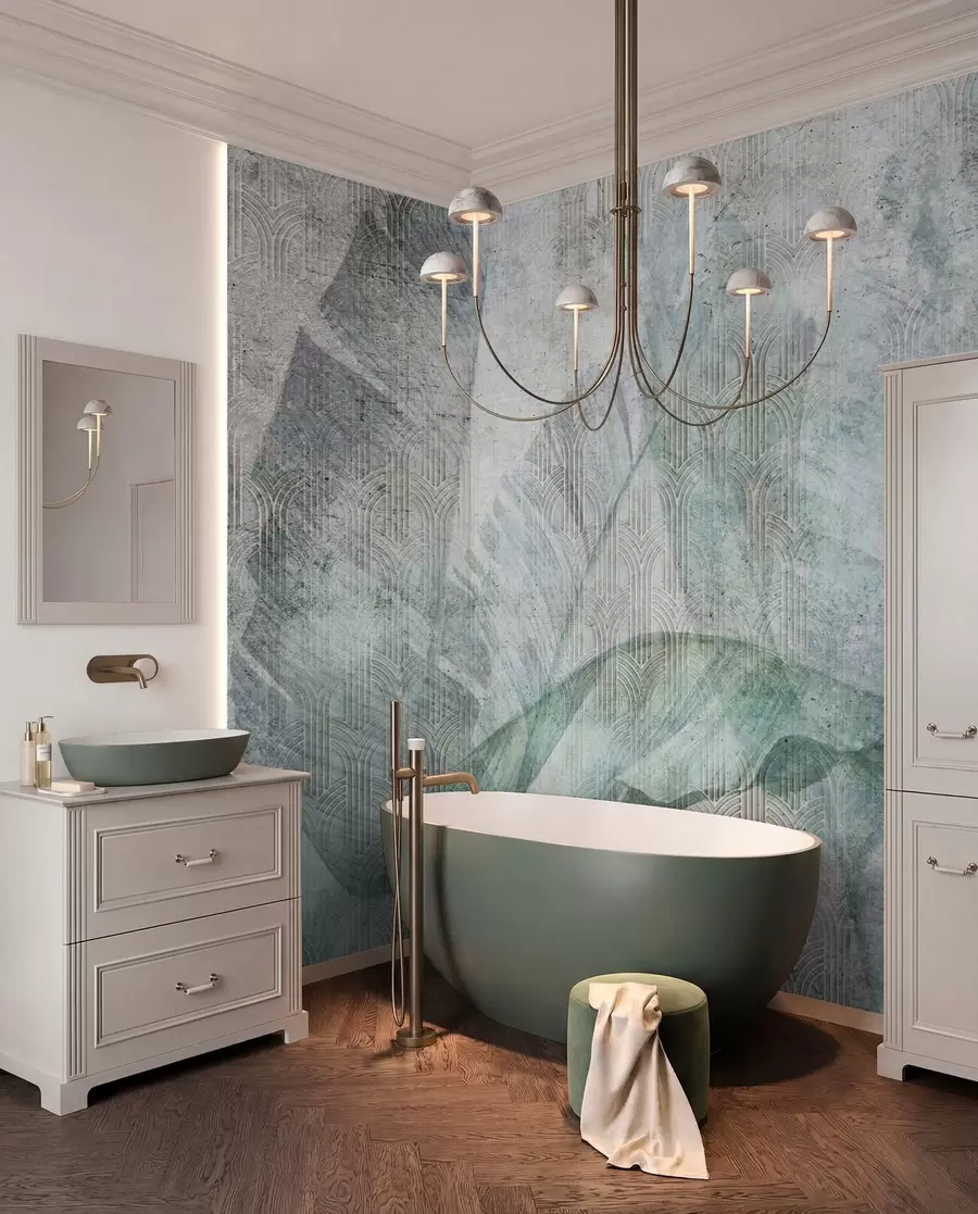 Fotobehang Grote groene bananenbladeren en marmeren textuur u96927