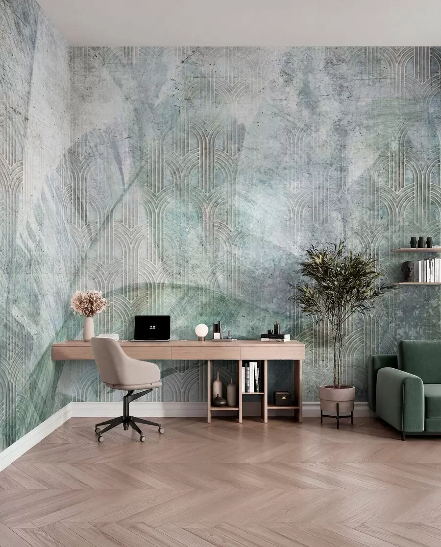 Fotobehang Grote groene bananenbladeren en marmeren textuur u96927