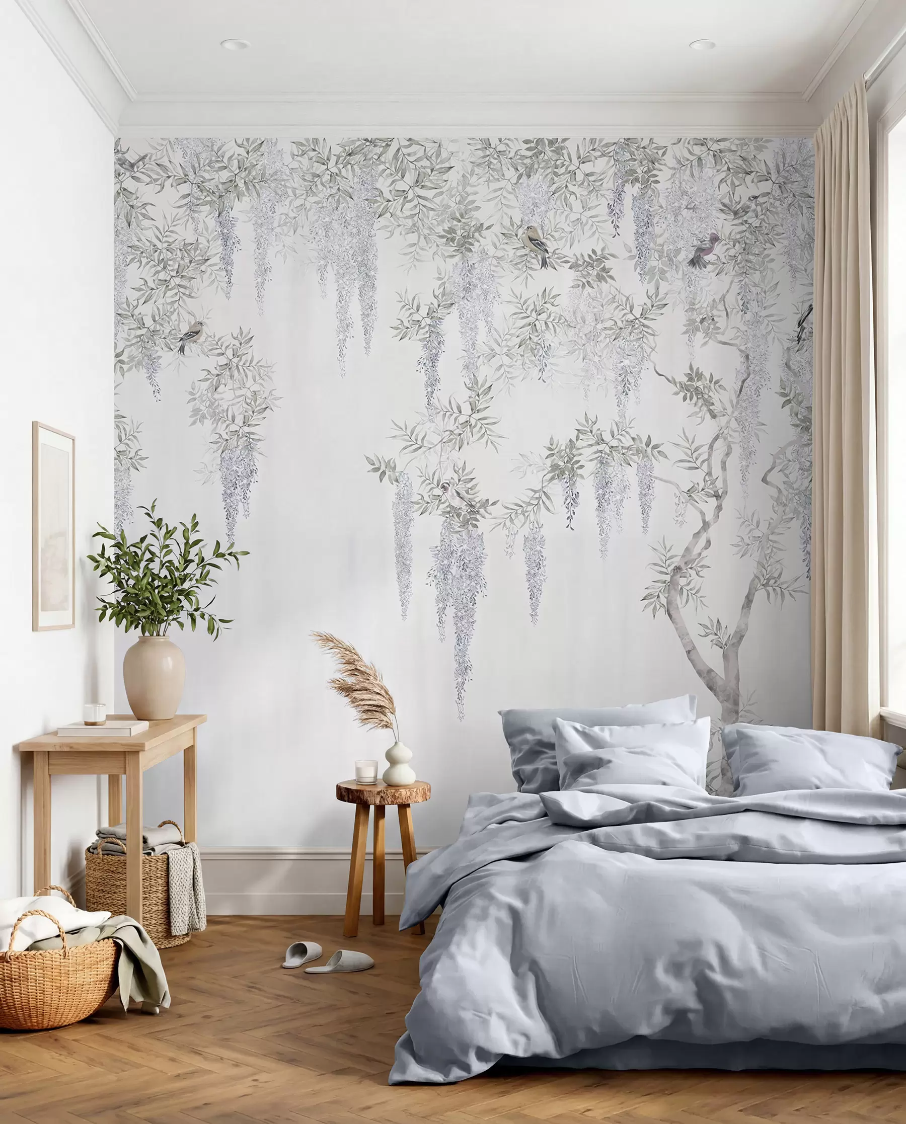 Papier peint photo Fleurs de glycine, glycine, minimalisme, noir et blanc, loft et style japonais u96928