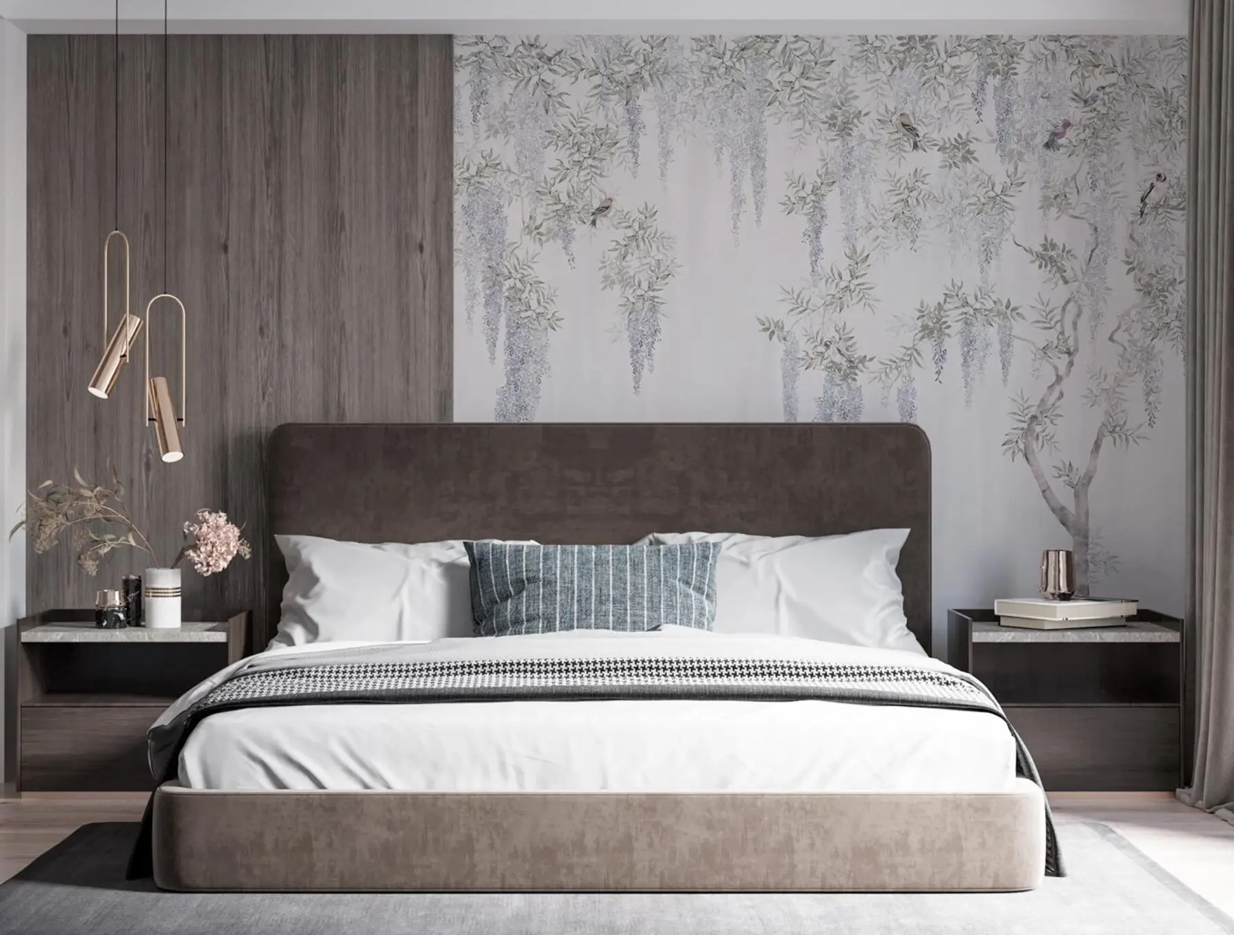 Fotobehang Bloemen van blauweregen, blauweregen, minimalisme, zwart-wit, loft en Japanse stijl u96928