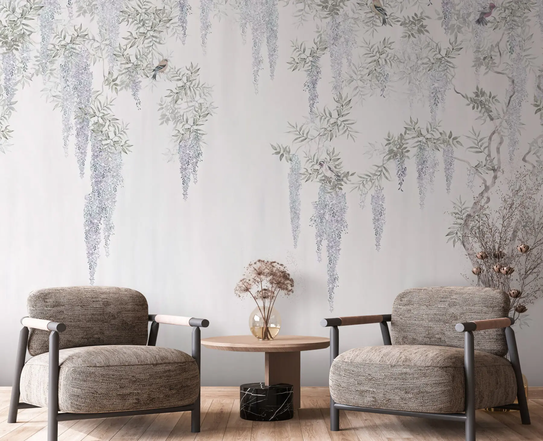 Fotobehang Bloemen van blauweregen, blauweregen, minimalisme, zwart-wit, loft en Japanse stijl u96928