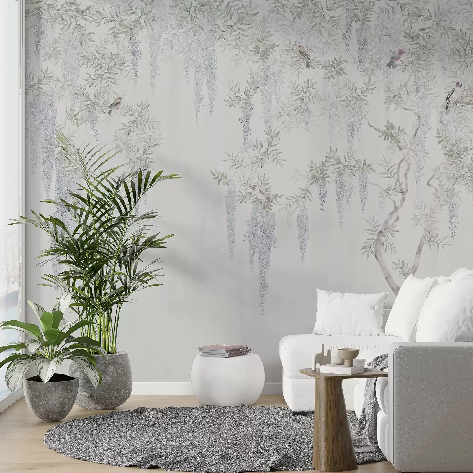 Fotobehang Bloemen van blauweregen, blauweregen, minimalisme, zwart-wit, loft en Japanse stijl u96928