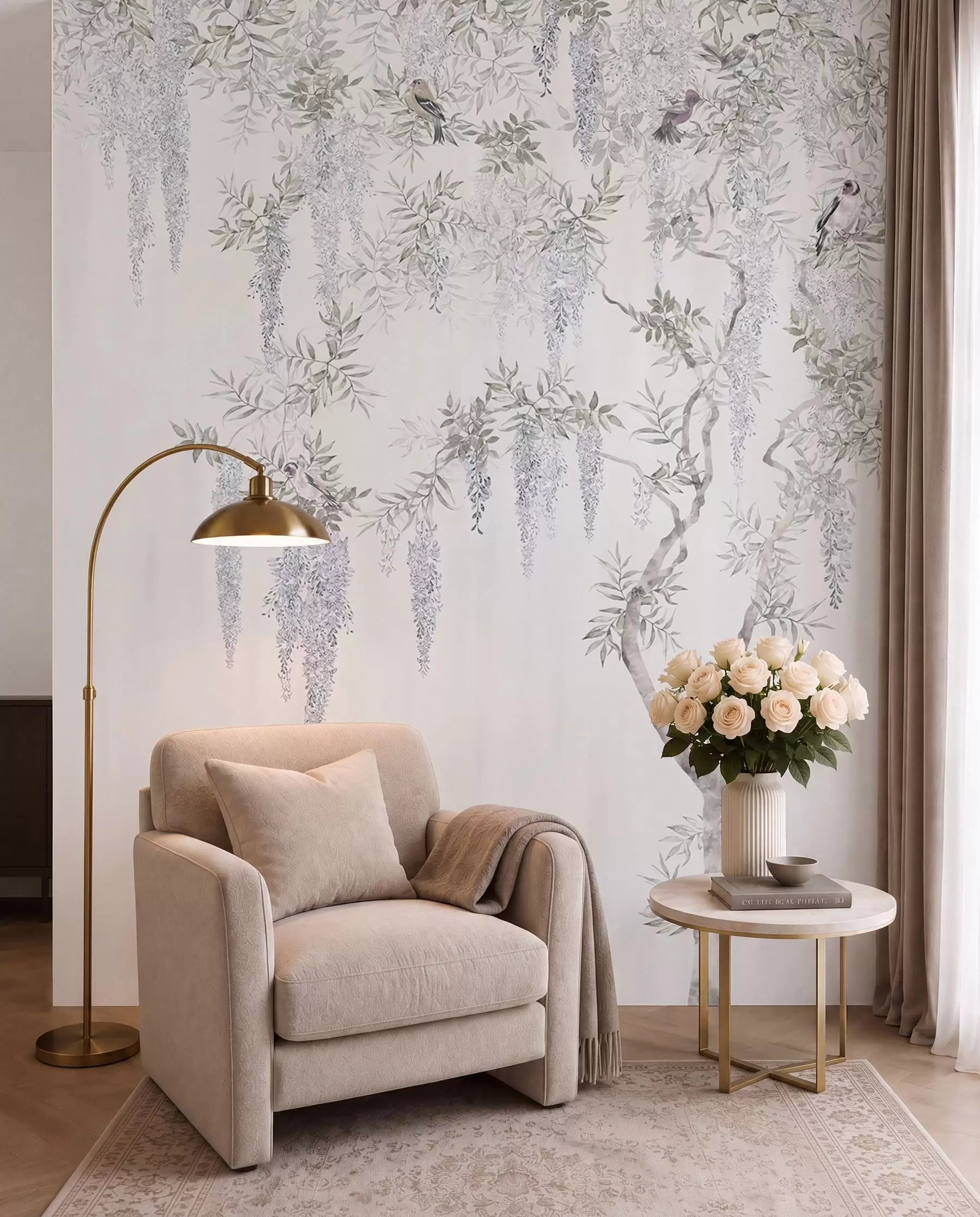 Fotobehang Bloemen van blauweregen, blauweregen, minimalisme, zwart-wit, loft en Japanse stijl u96928