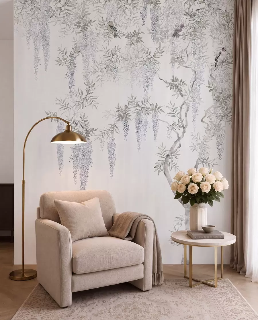 Fotobehang Bloemen van blauweregen, blauweregen, minimalisme, zwart-wit, loft en Japanse stijl u96928