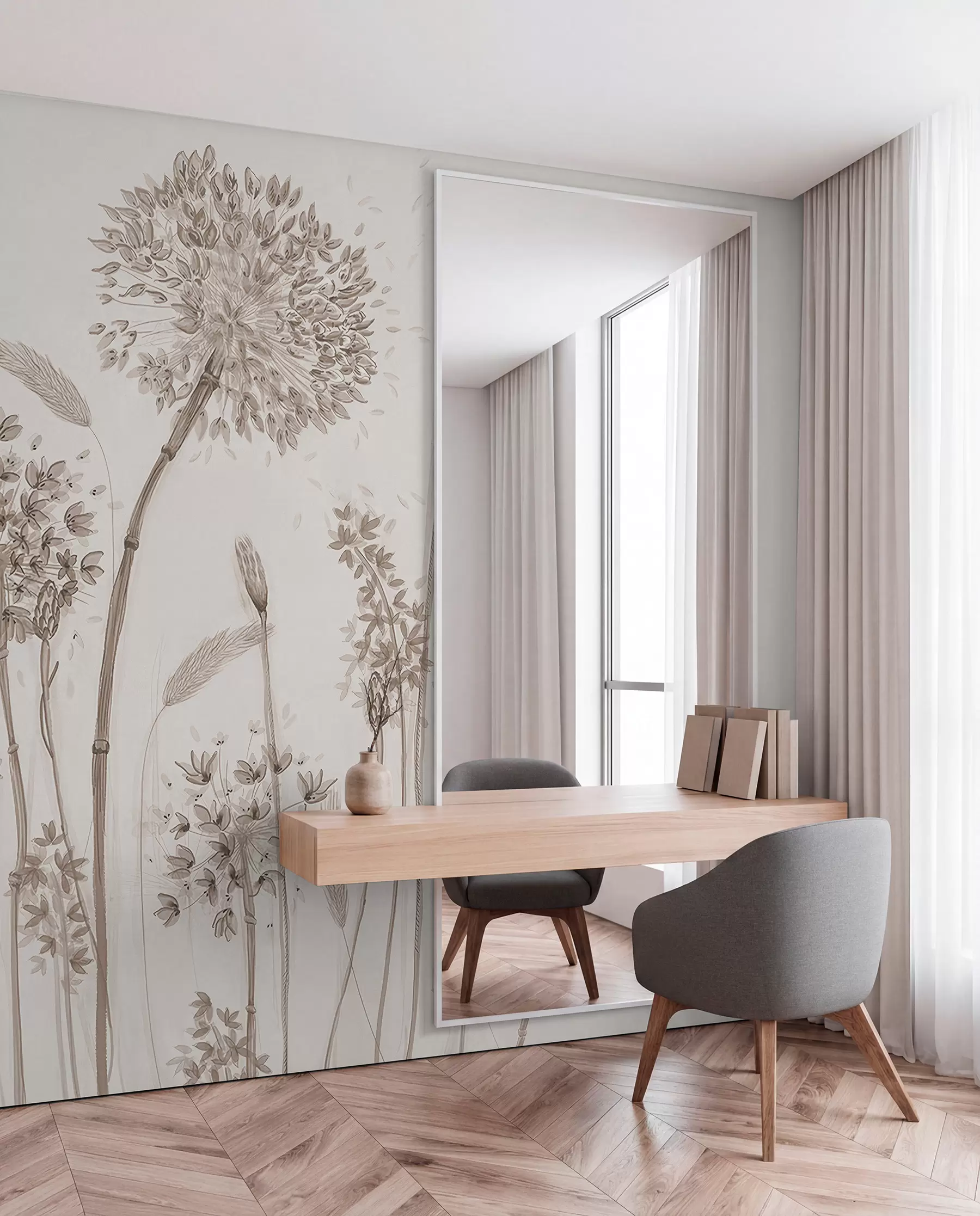 Fotobehang Grote weidebloemen van paardebloemen in monochrome stijl loft-minimalisme u96934