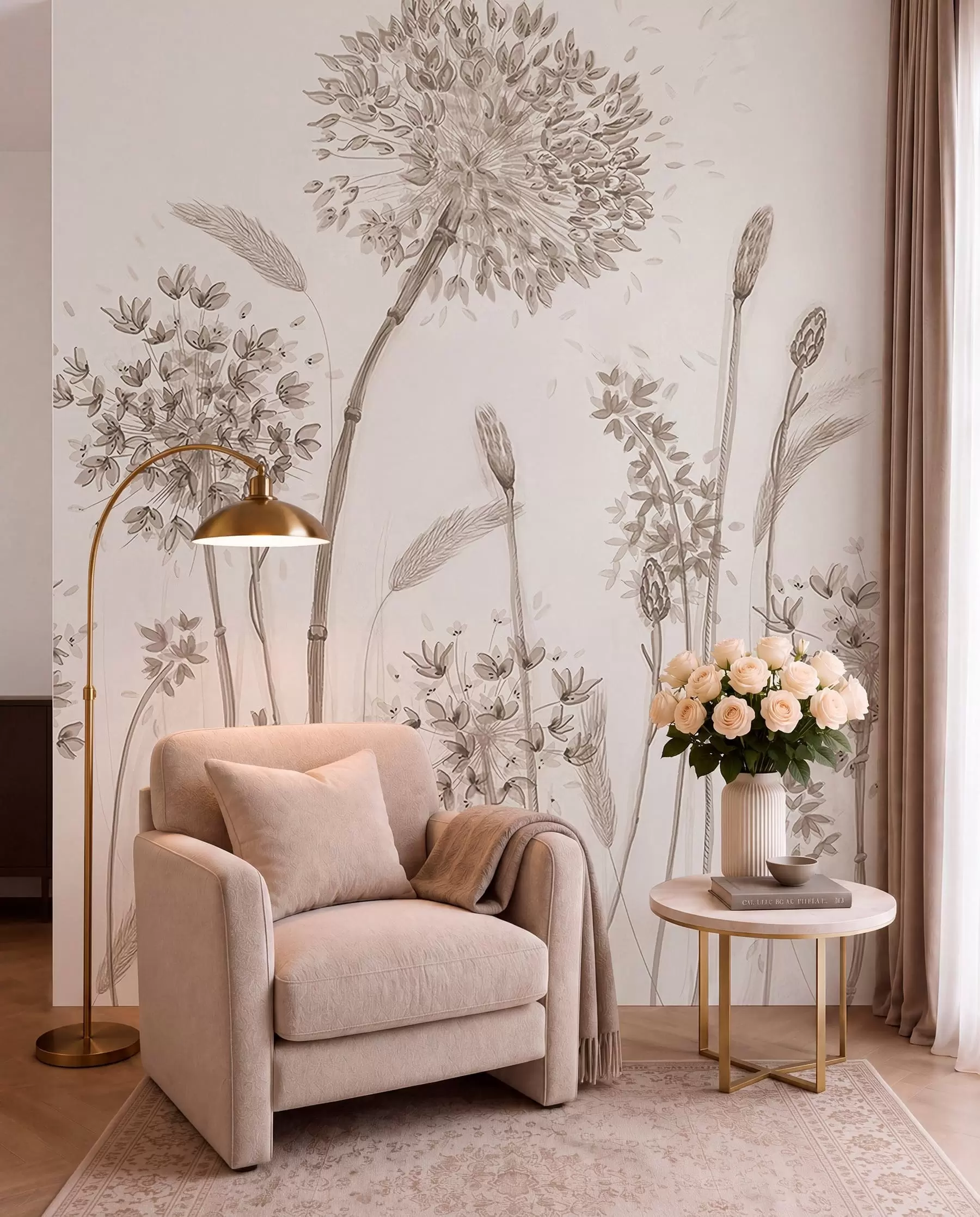 Fotobehang Grote weidebloemen van paardebloemen in monochrome stijl loft-minimalisme u96934