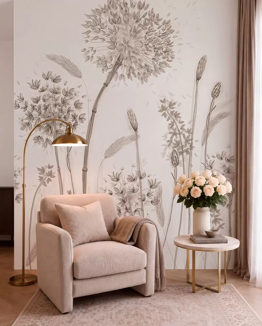 Fotobehang Grote weidebloemen van paardebloemen in monochrome stijl loft-minimalisme u96934
