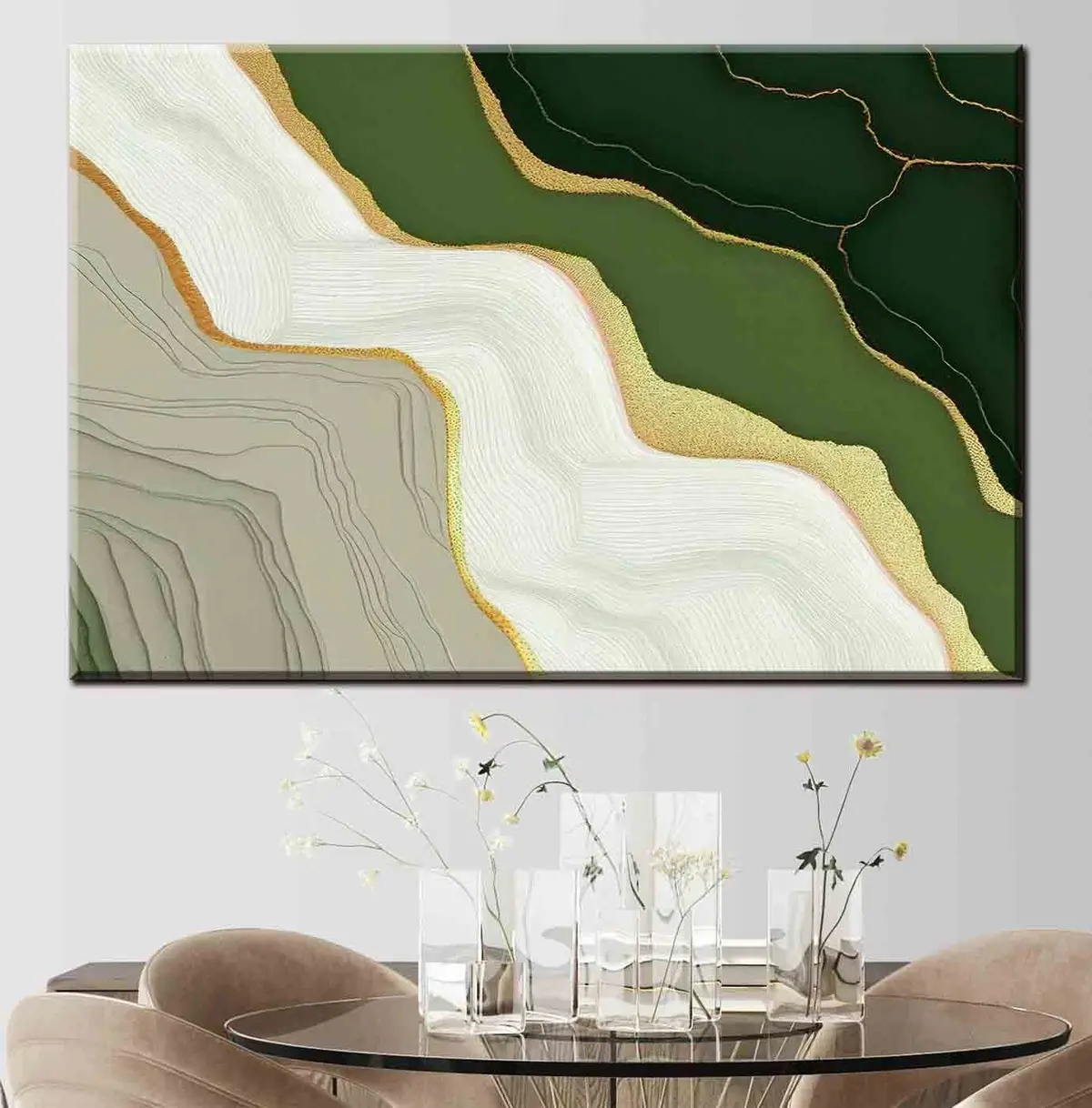  Schilderijen Abstract olieverfschilderij met zwarte, witte, groene en grijze verf s35427