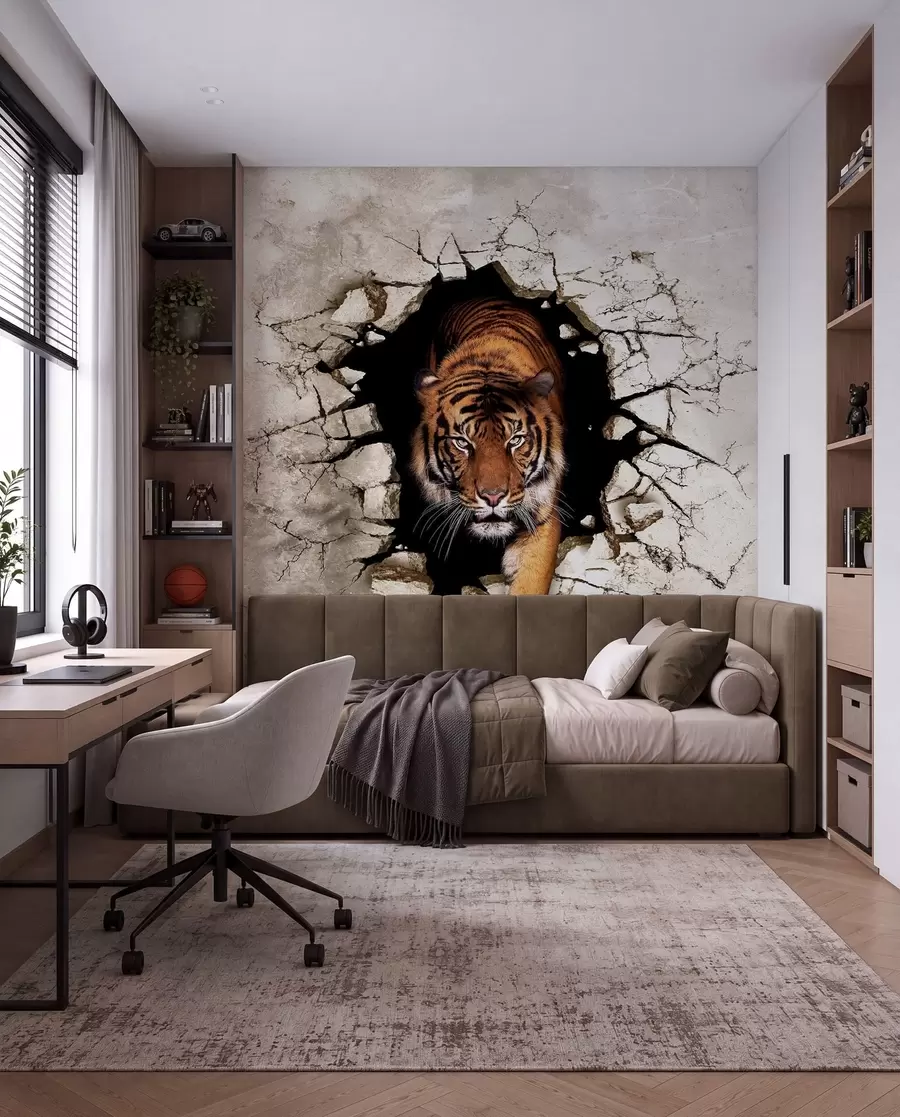 Fotobehang Tijger breekt door de muur u97031