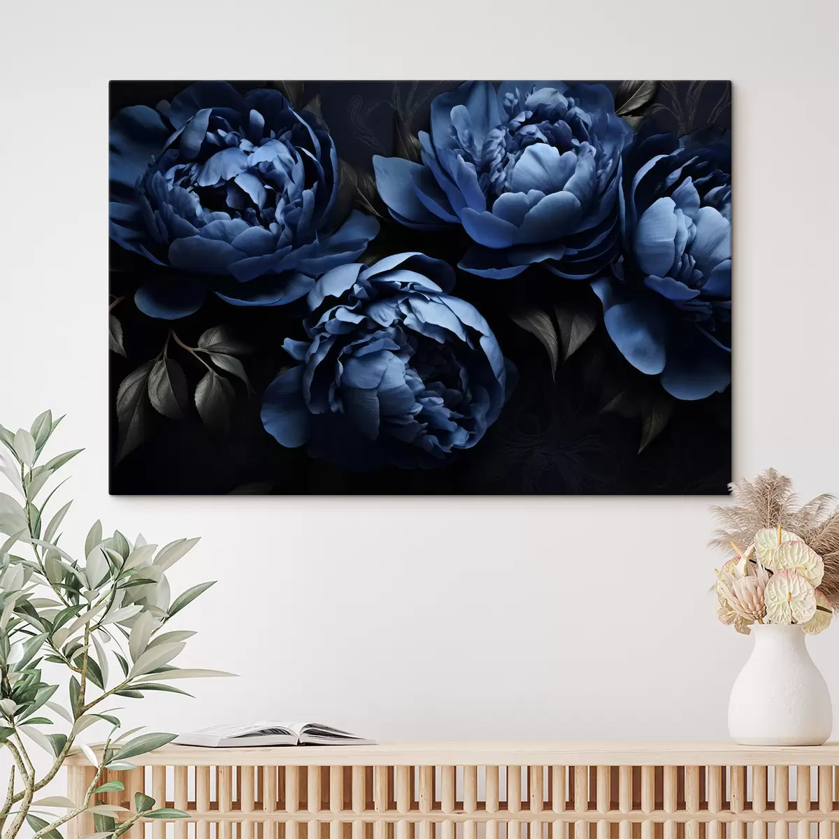  Peintures Pivoines bleues sur fond noir s35571