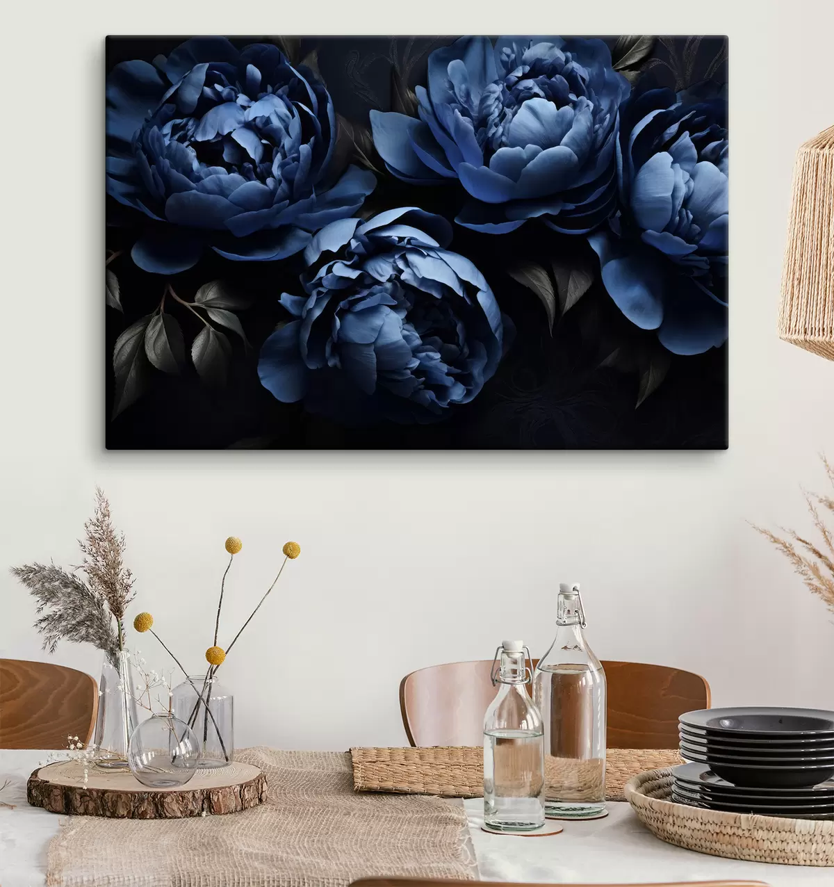 Peintures Pivoines bleues sur fond noir s35571