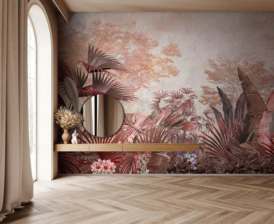 Fotobehang Illustratie van vintage tropisch behang met exotisch palmgebladerte u97104