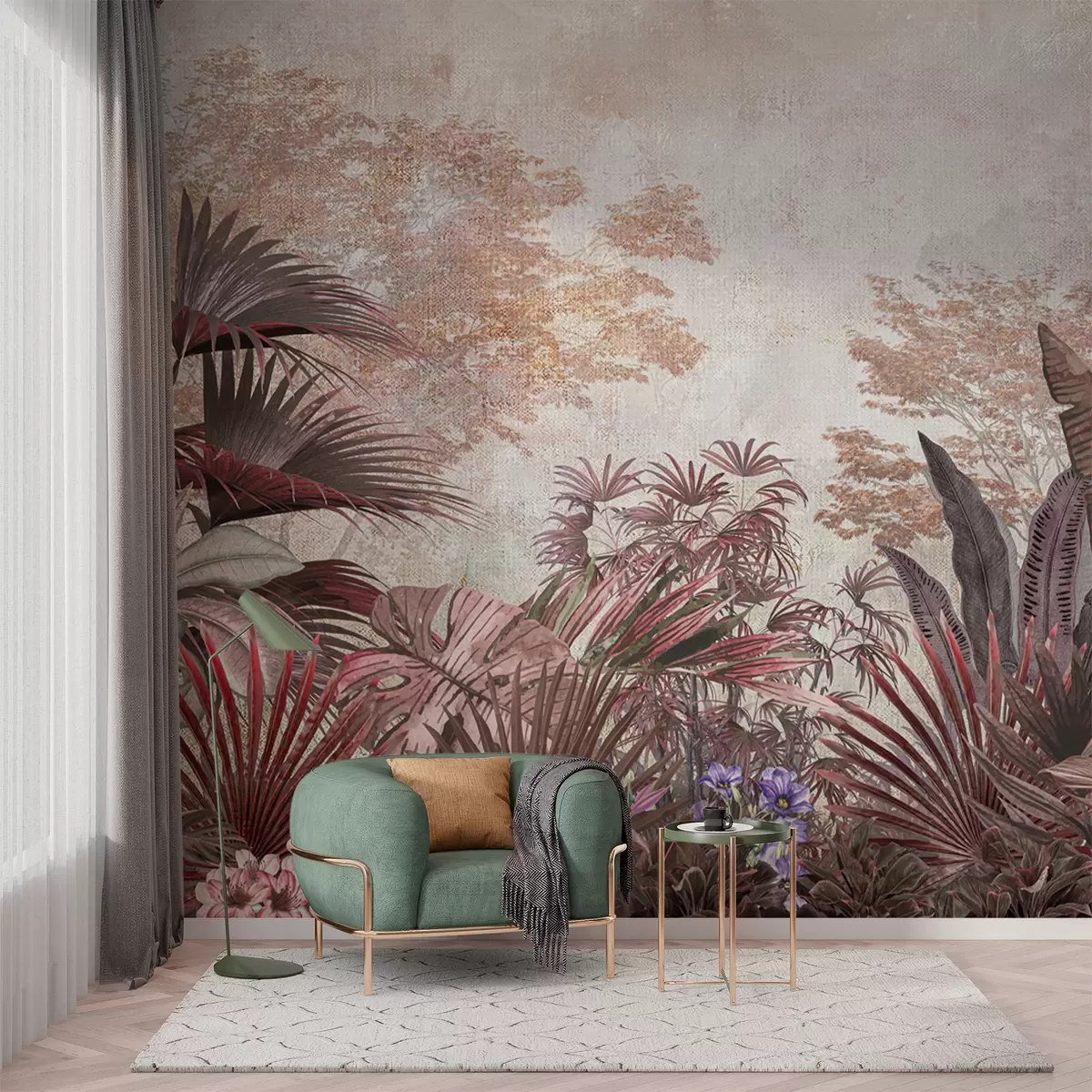 Fotobehang Illustratie van vintage tropisch behang met exotisch palmgebladerte u97104