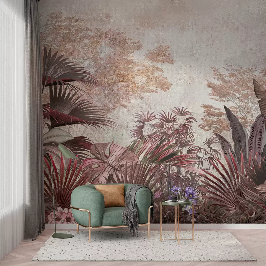 Fotobehang Illustratie van vintage tropisch behang met exotisch palmgebladerte u97104