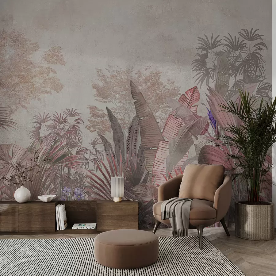 Fotobehang Illustratie van vintage tropisch behang met exotisch palmgebladerte u97104