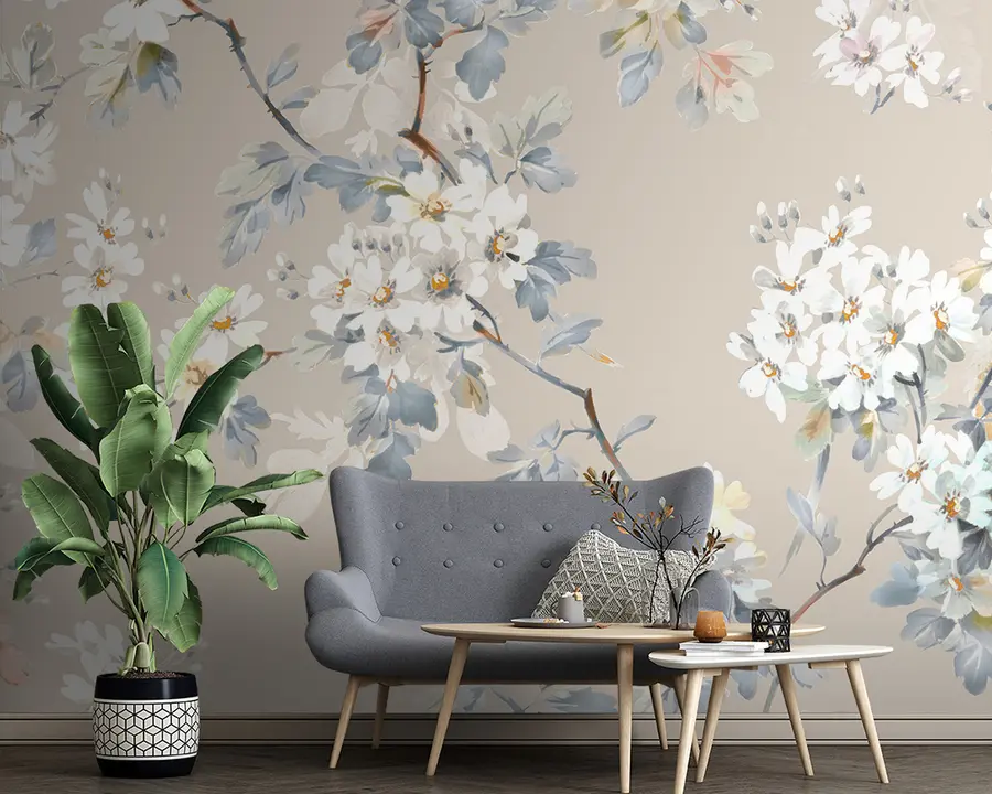 Fotobehang Handgeschilderde bloemen en vlinders met aquarellen u97114