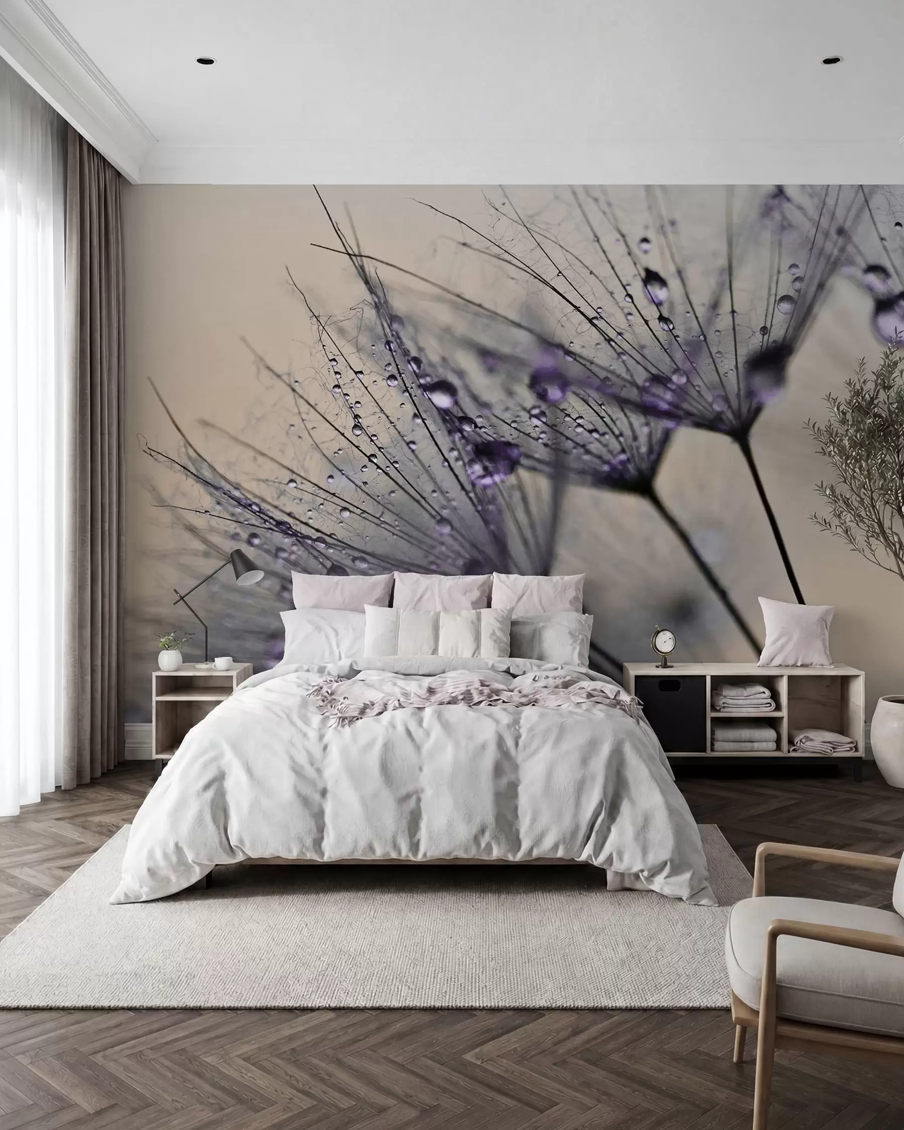 Fotobehang Paardebloemen met paarse waterdruppels u57557v3