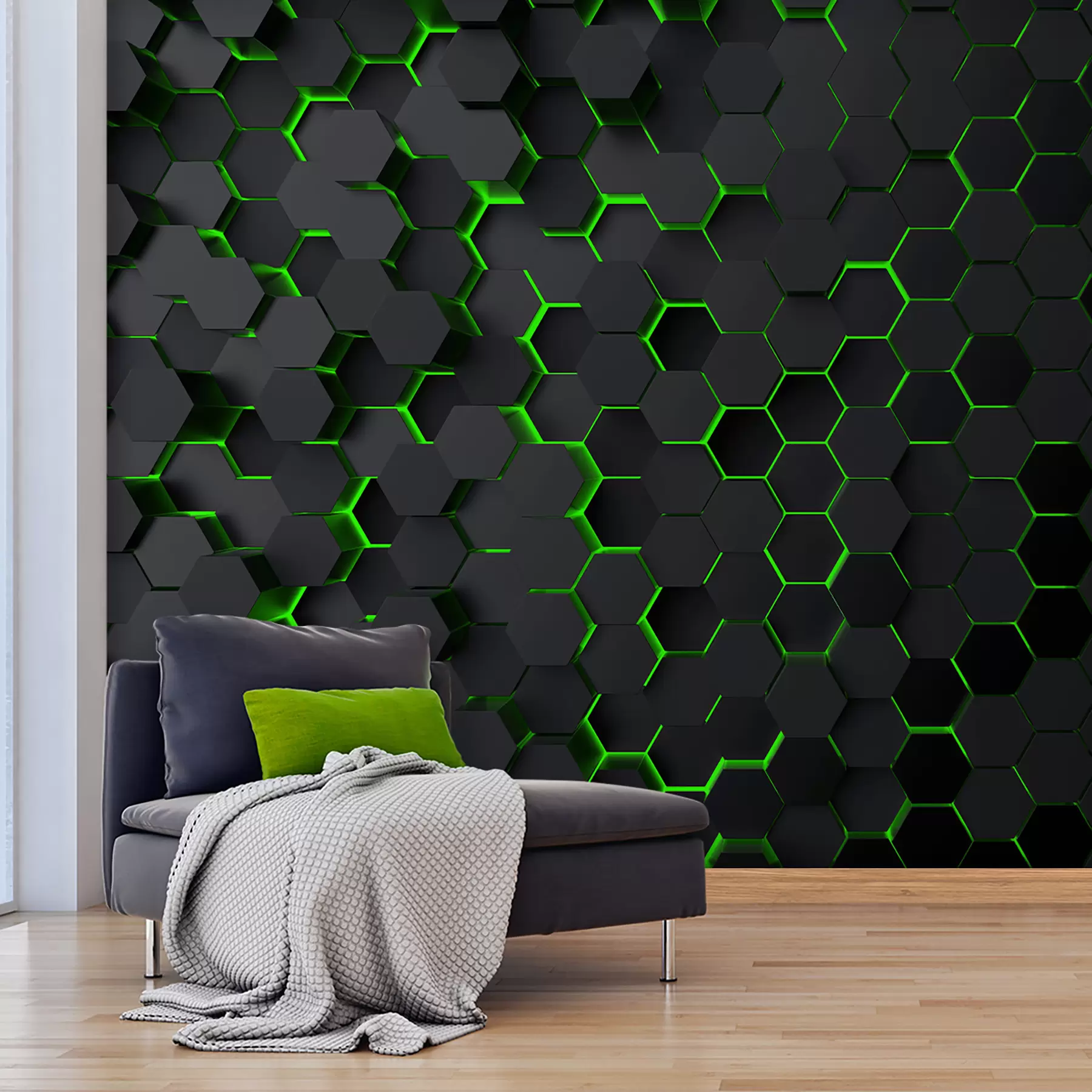 Fotobehang Zwarte zeshoeken en groene gloed u93618v1