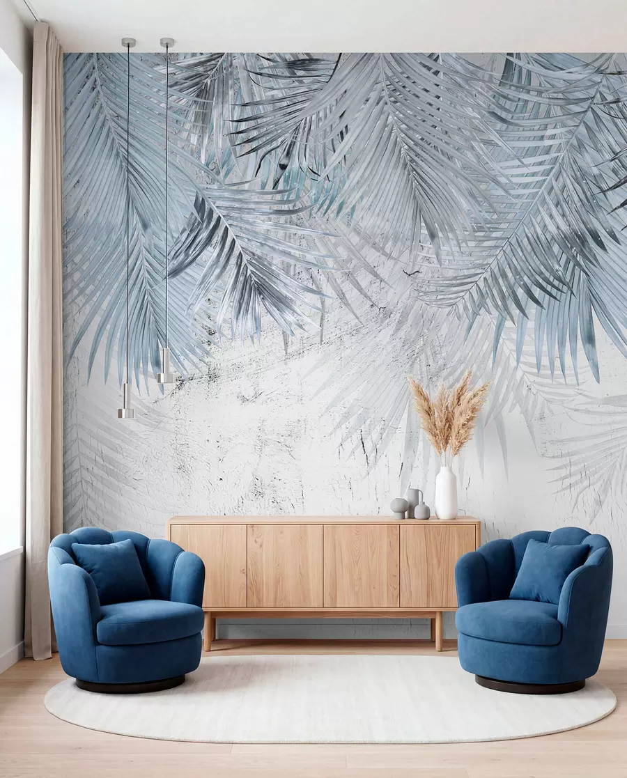 Fotobehang Blauwe tropische bladeren in grungestijl u93843v3