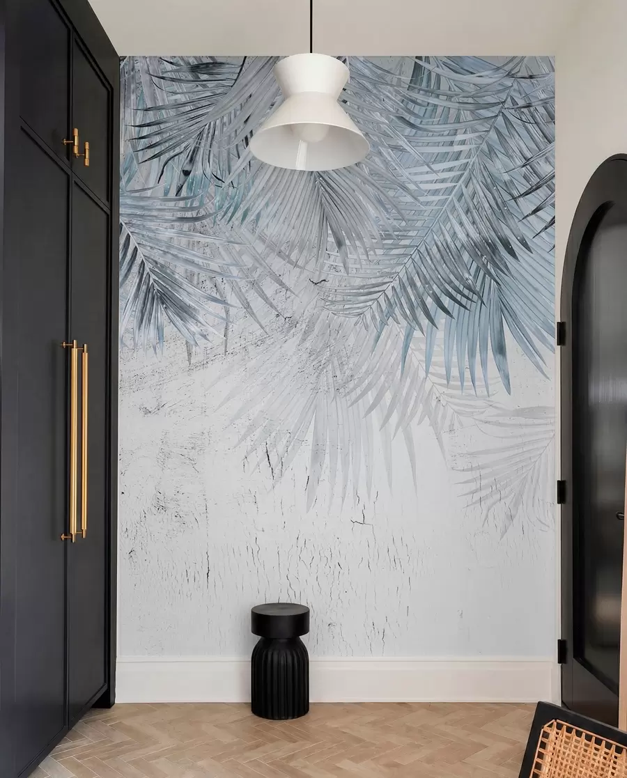 Fotobehang Blauwe tropische bladeren in grungestijl u93843v3