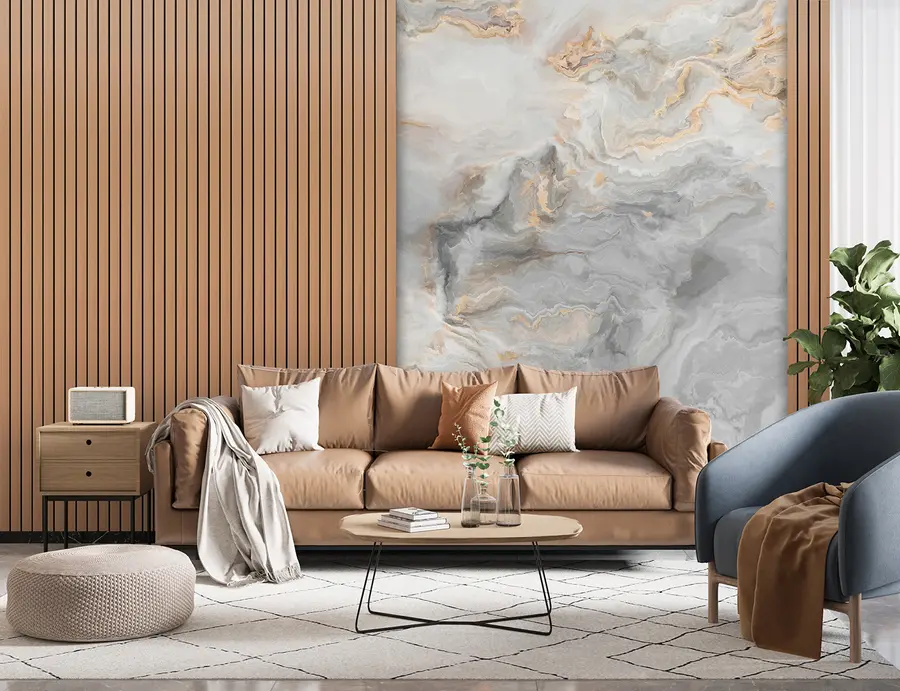 Fotobehang Houten latten met marmer u97426