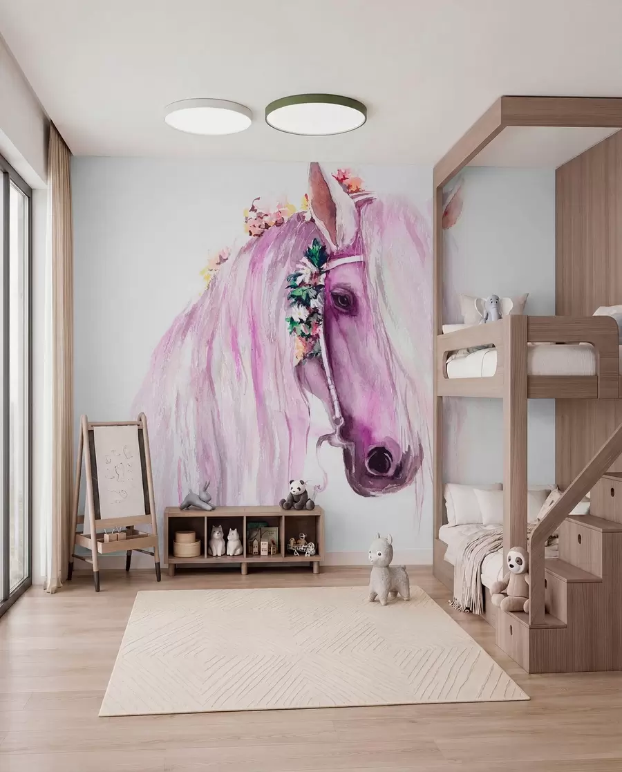 Fotobehang Blauw paard met bloemen in de manen in paarse kleuren u93591v1