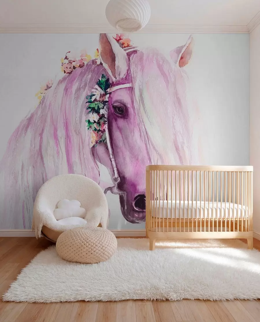 Fotobehang Blauw paard met bloemen in de manen in paarse kleuren u93591v1