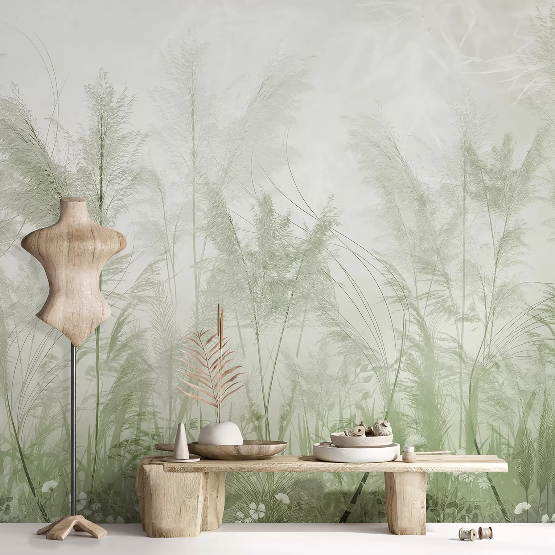 Fotobehang Hoge planten in pastelkleuren in groene kleuren u93903v3
