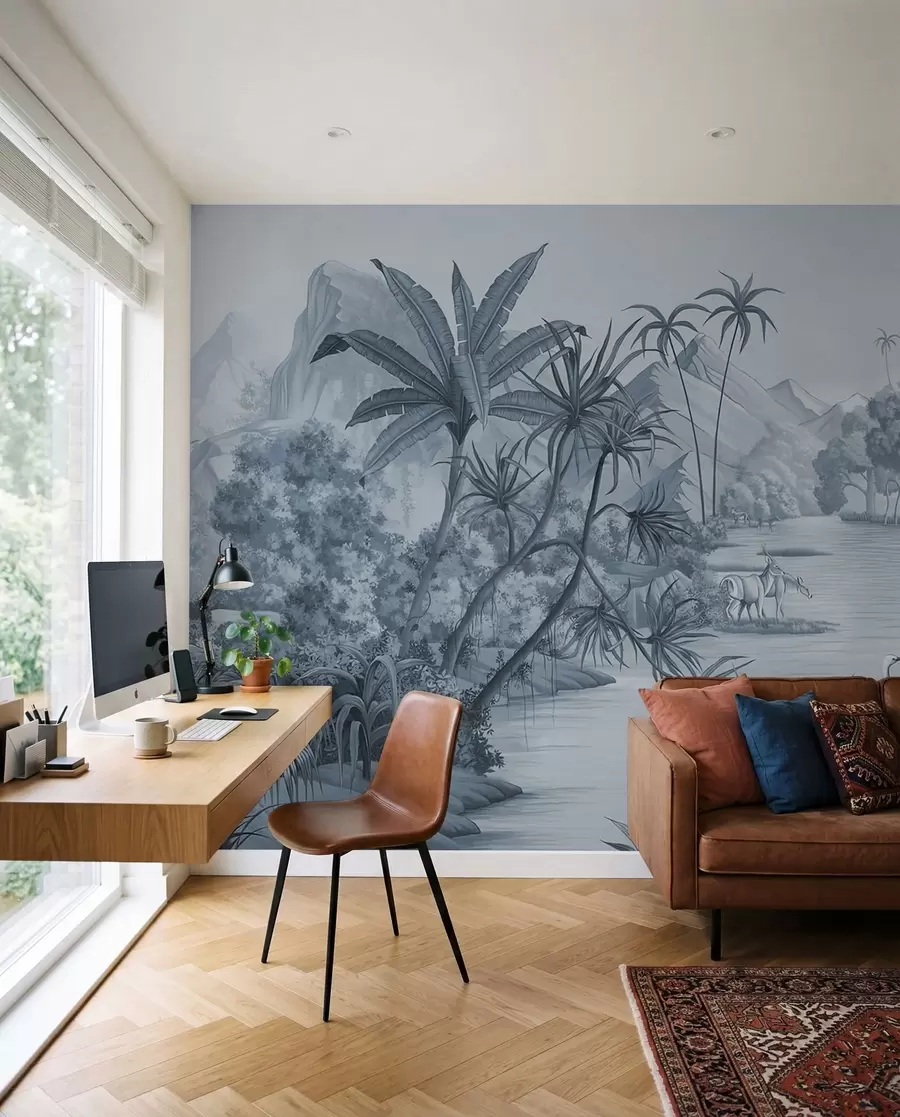 Fotobehang Zwart-witte tropen in blauwe kleuren u59040v2