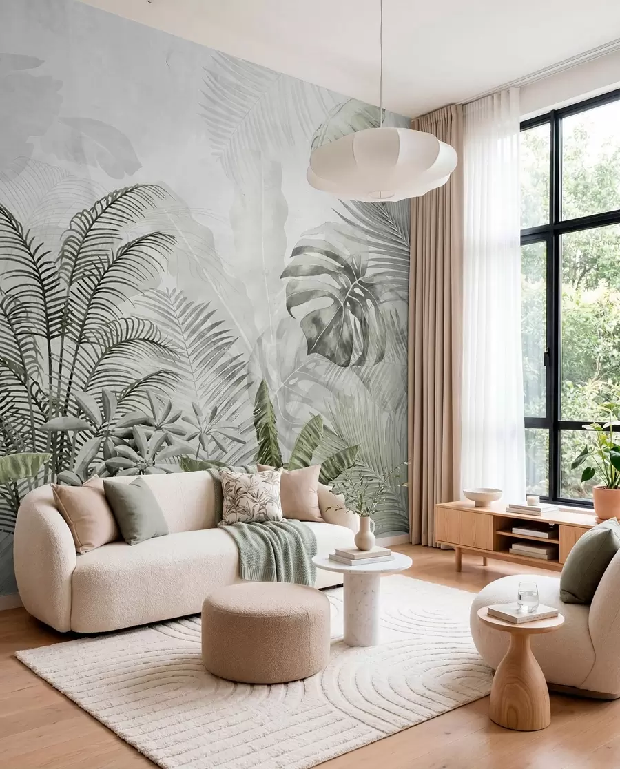 Fotobehang Palmbomen in grijze kleur in groene kleuren u71284v3