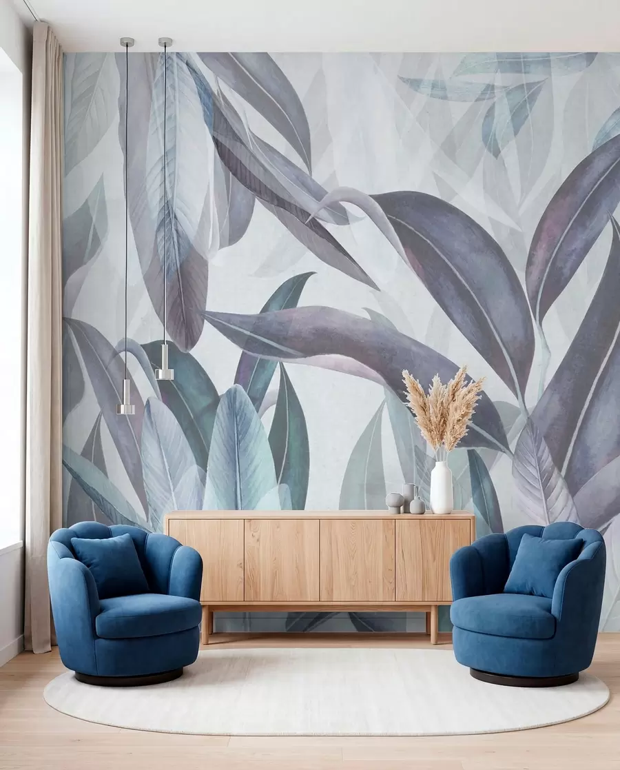 Fotobehang Groene en roze palmbladeren in blauwe kleuren u94302v1