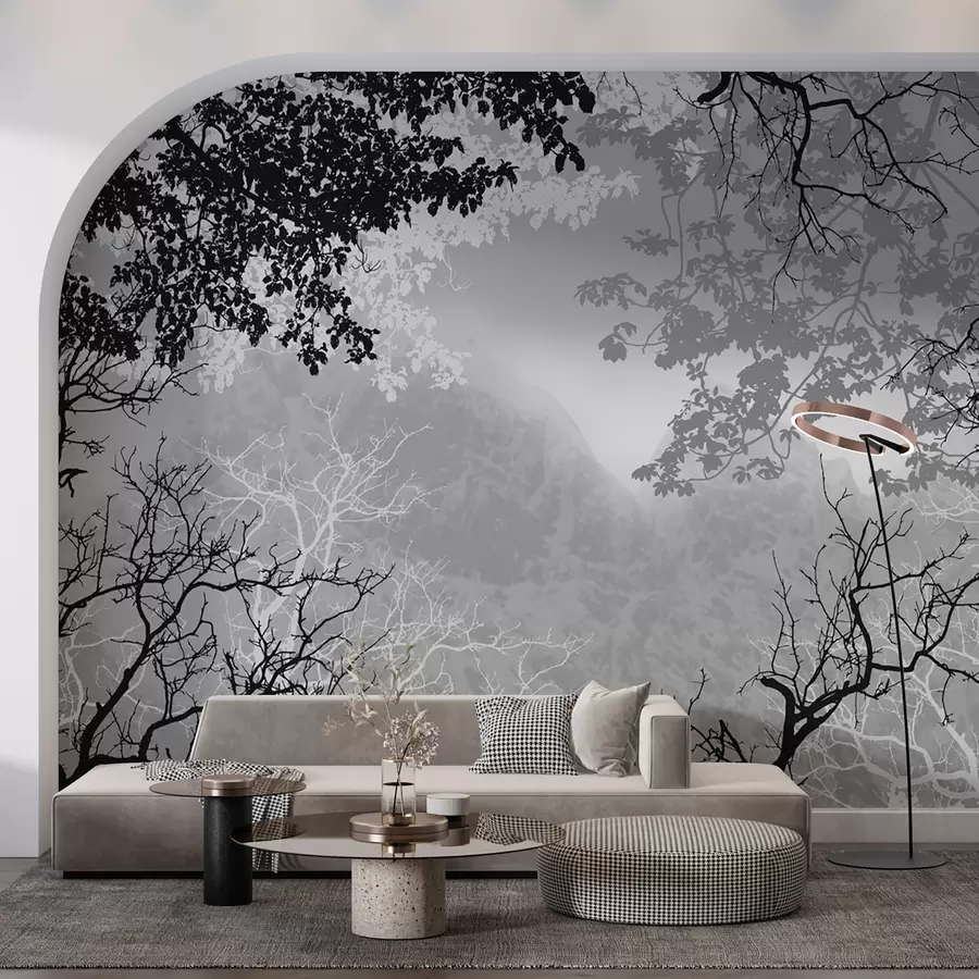 Fotobehang Bosillustratie op een achtergrond van bergen met mist u98050