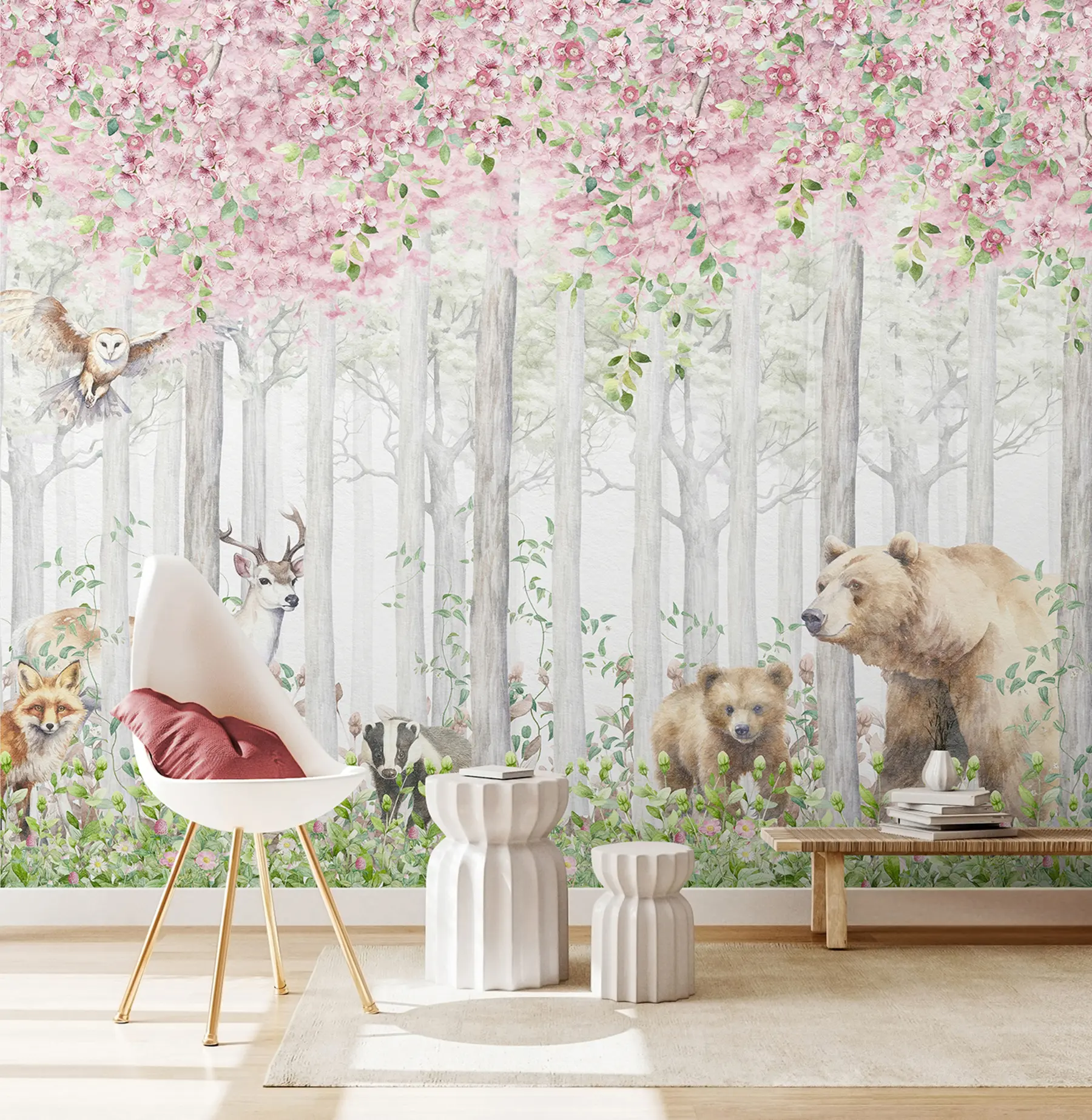 Fotobehang Bloeiend bos met dieren u97614