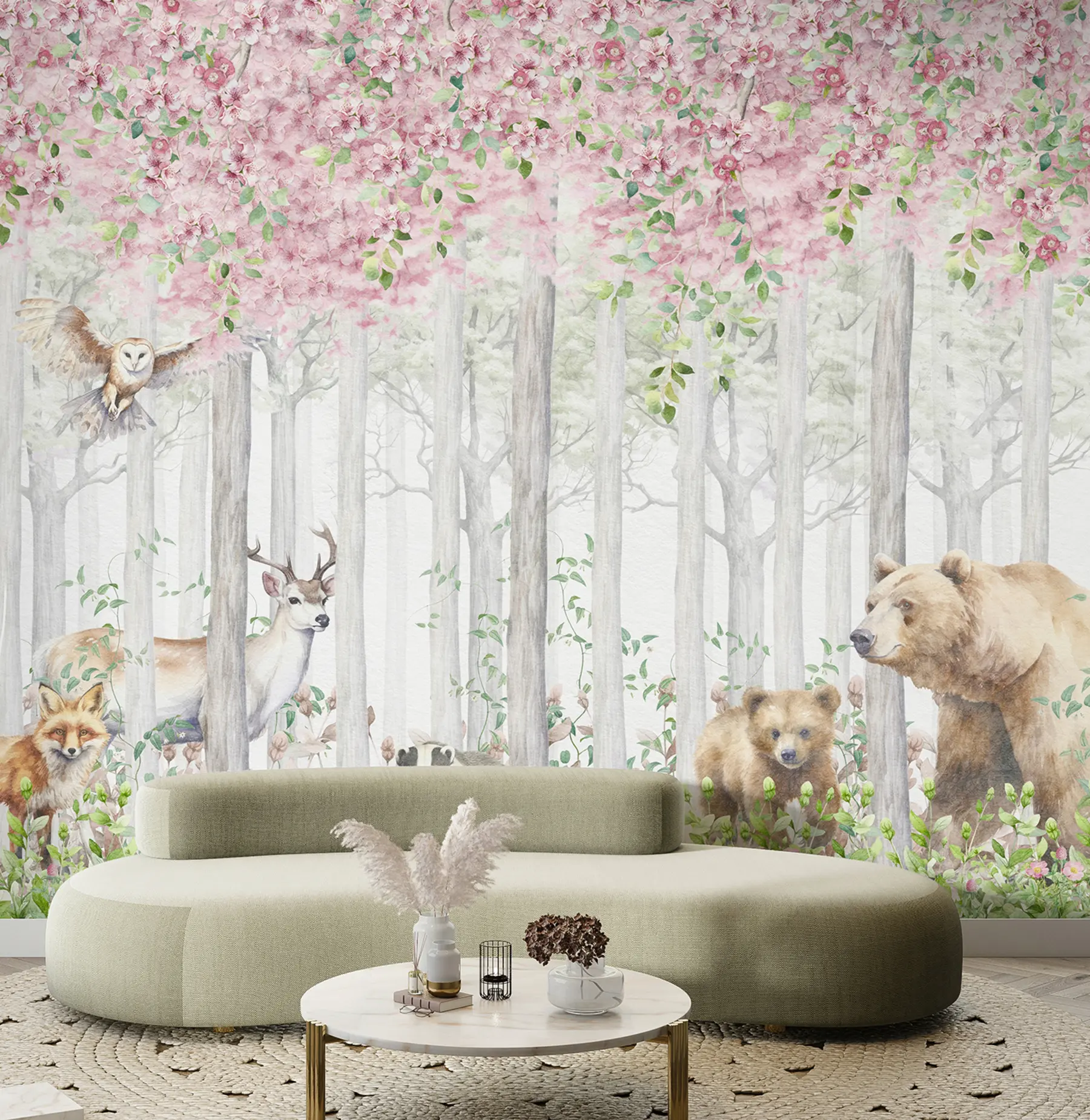 Fotobehang Bloeiend bos met dieren u97614