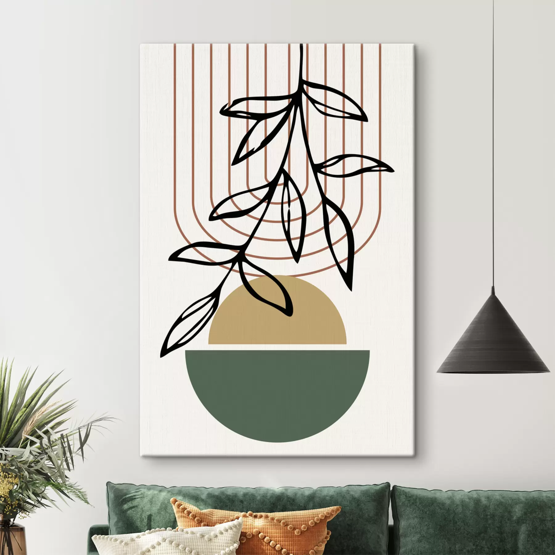  Schilderijen Geometrische halve cirkels met hangende abstracte plant en spiraal s36188