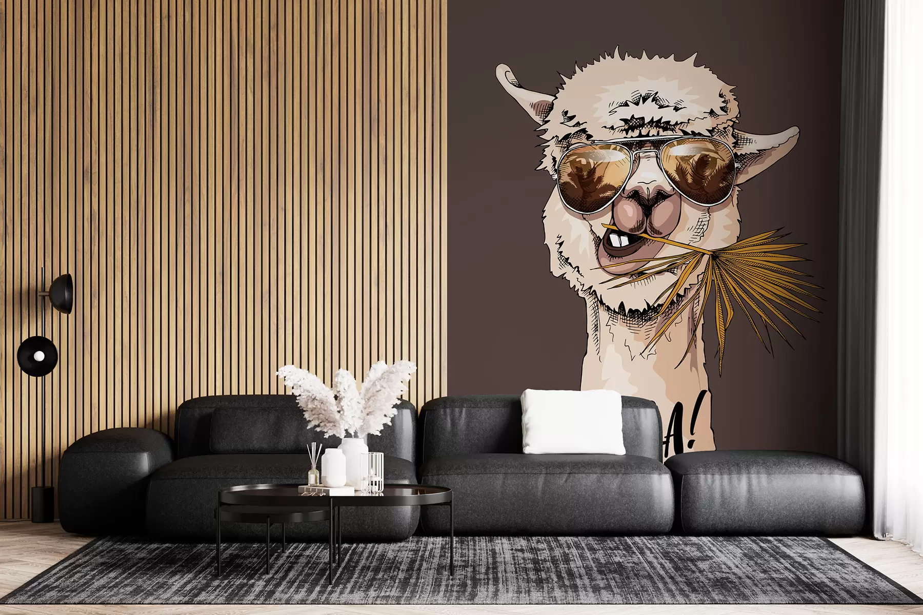 Fotobehang Portret van een lama met zonnebril en een waaier palmblad u98177