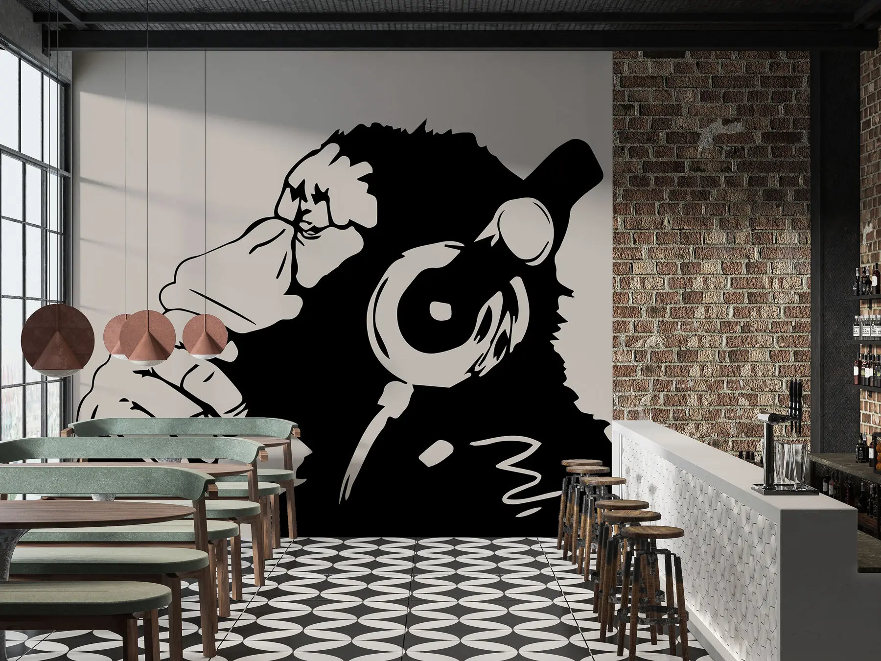 Fotobehang Een aap die naar muziek luistert u98182