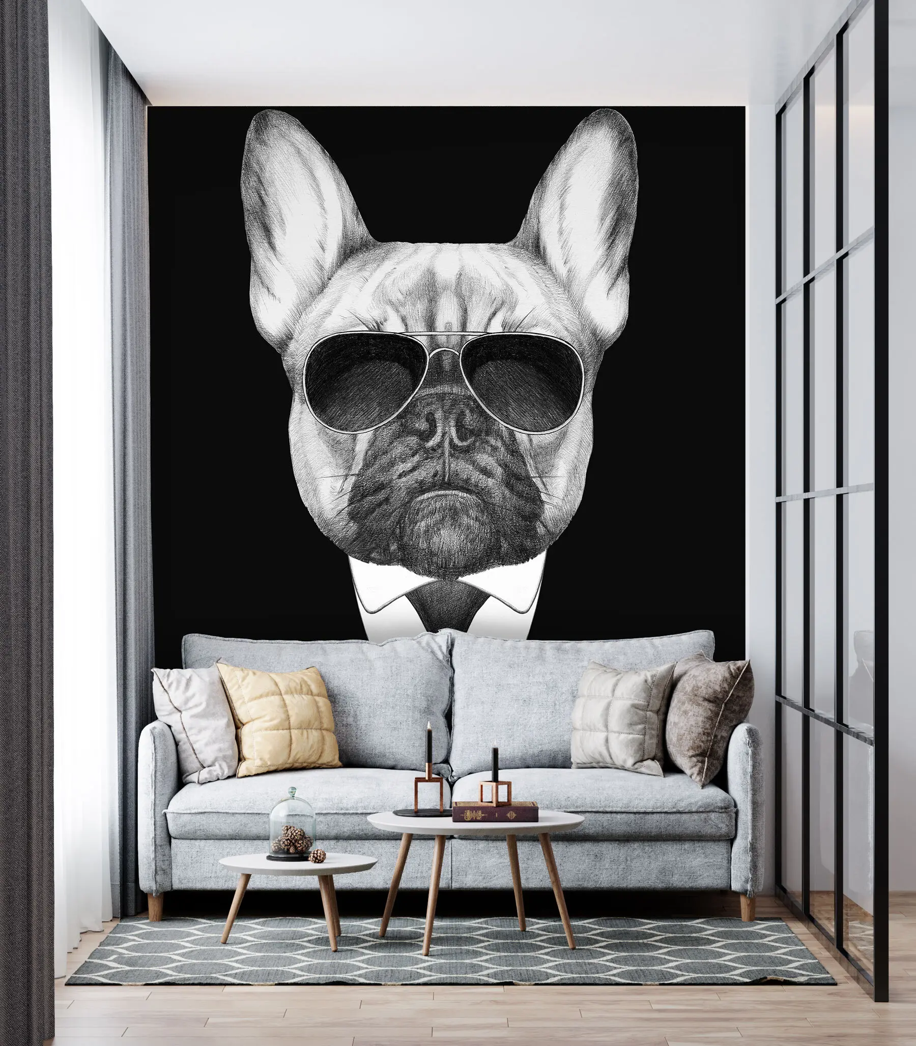 Fotobehang Portret van een Franse Bulldog in pak en zonnebril u98183