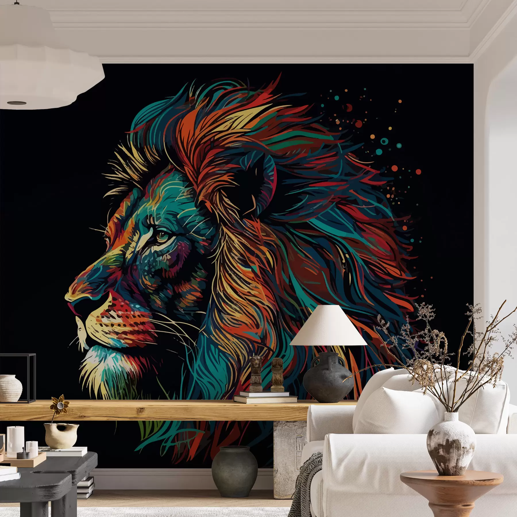 Fotobehang Kleurrijke leeuwenkop in pop-artstijl u98185