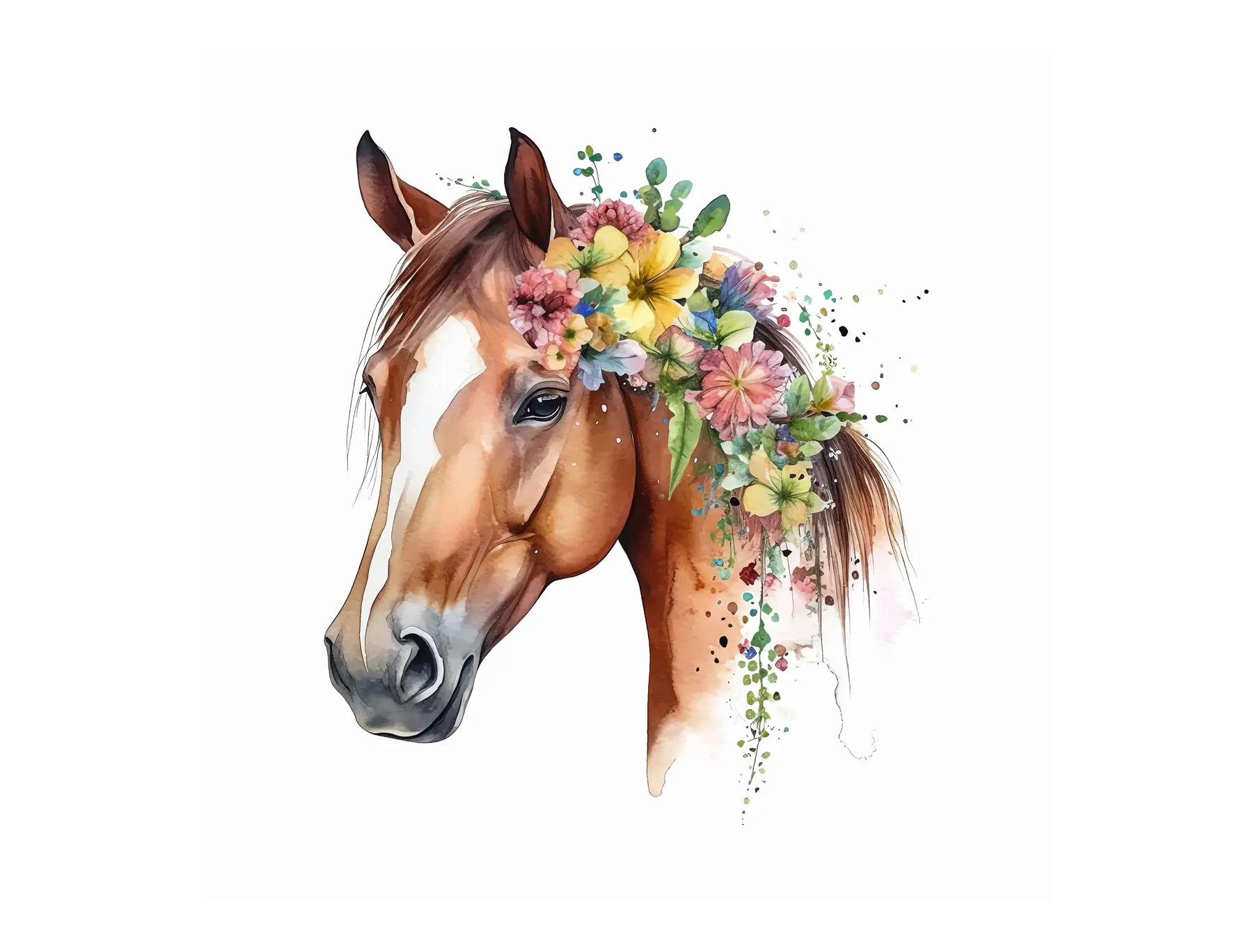 Papier peint photo Cheval avec fleurs à l'aquarelle u98192