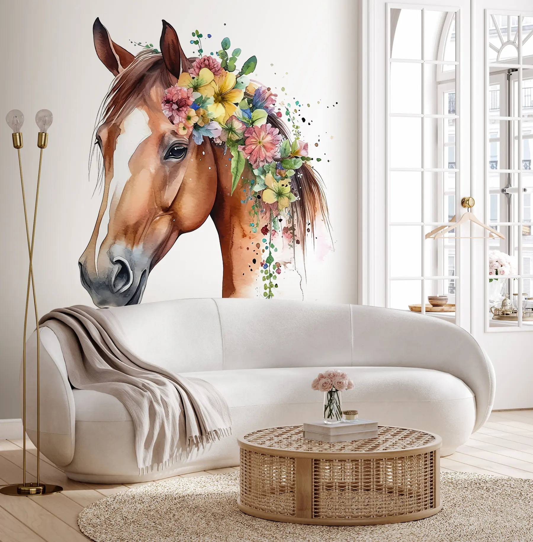 Fotobehang Paard met bloemen in aquarel u98192