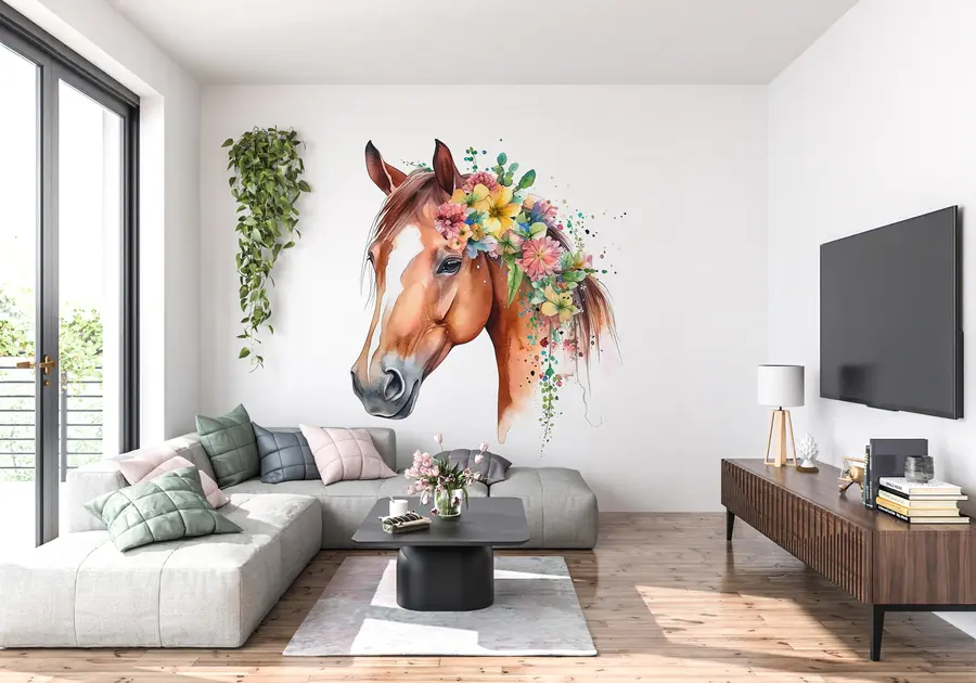 Papier peint photo Cheval avec fleurs à l'aquarelle u98192